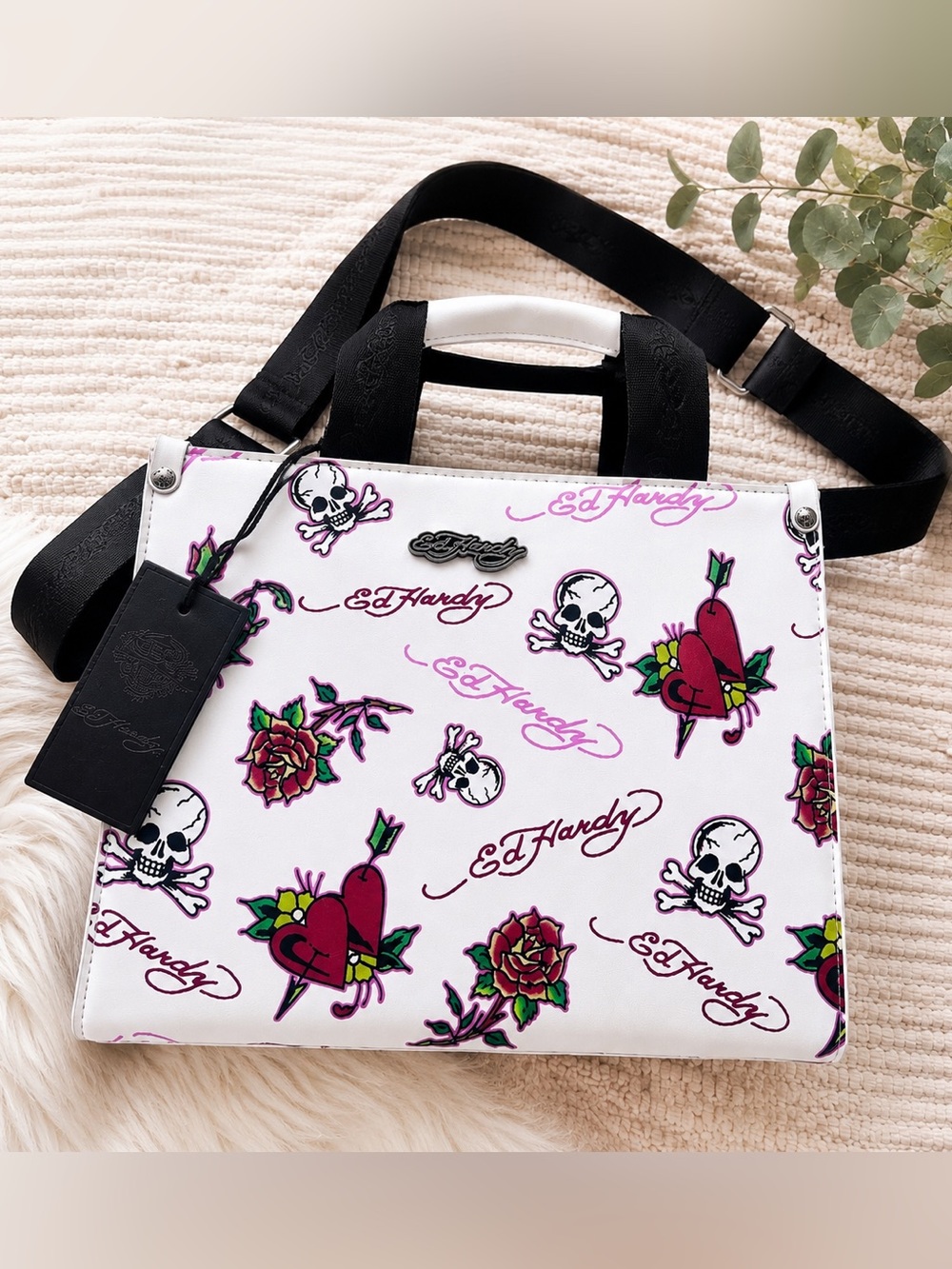 Ed Hardy Y2K Tattoo Print Tote Crossbody Bag Skull Rose Heart NWT